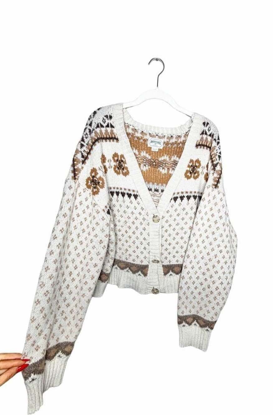 Cottage Core American Eagle Fair Isle Cardigan Cream Brown Floral Knit Sweater